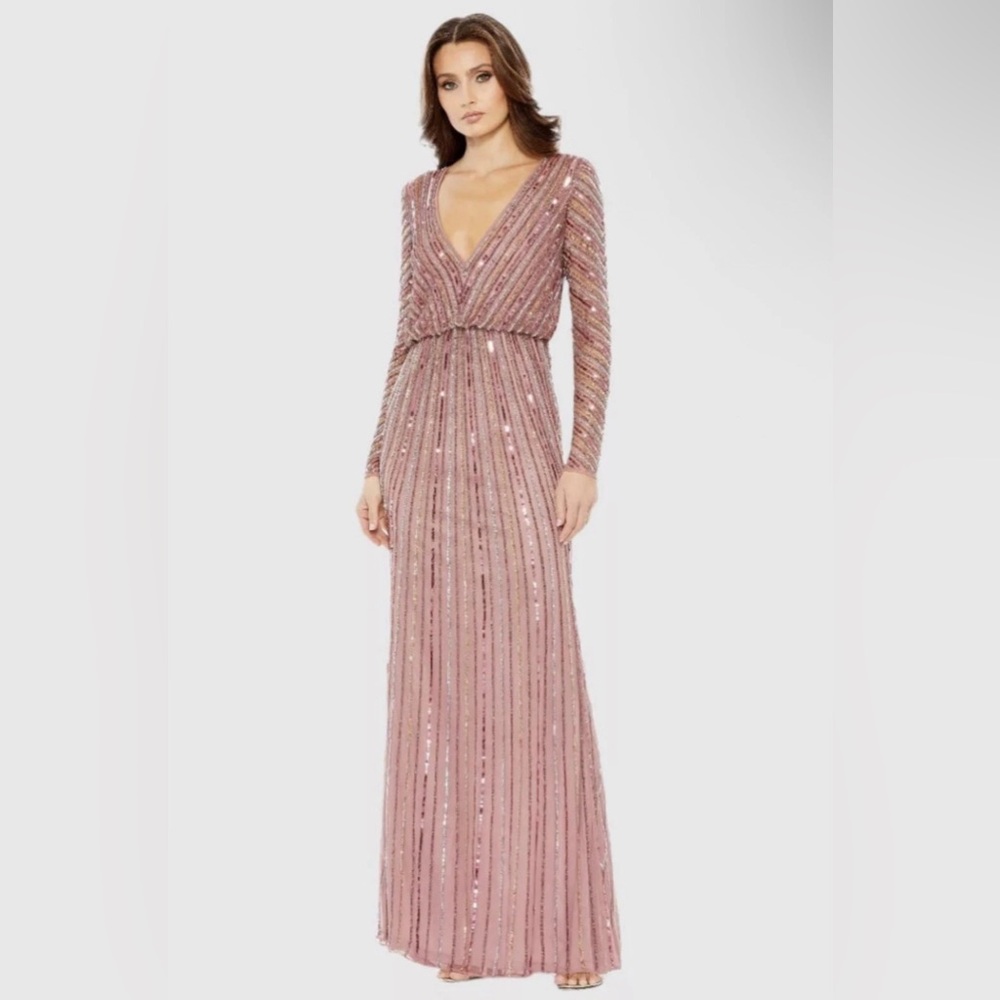 NWT Mac Duggal 8 Rosewood Pink Sequin Long Sleeve V Neck Gown
